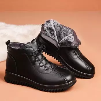 Зимние теплые туфли из натуральной кожи и хлопка для пожилых женщин, короткие ботинки на плоской подошве с флисовой подкладкой и молнией для мам 35