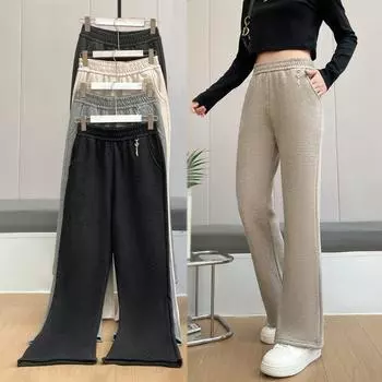 Зимние теплые утолщенные мешковатые прямые брюки женские повседневные эластичные с высокой талией плюс бархатные зимние плюшевые брюки 2XL чёрный