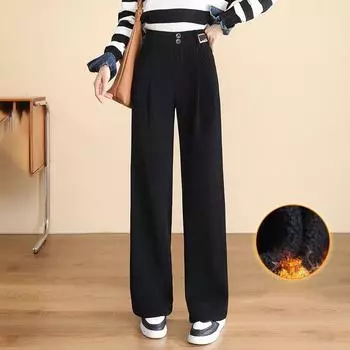 Зимние теплые утолщенные мешковатые прямые брюки женские повседневные с флисовой подкладкой эластичные широкие брюки с высокой талией корейская зимняя одежда Calca XXXXL чёрный