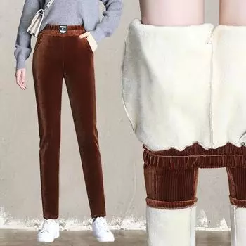 Зимние теплые вельветовые брюки-шаровары, узкие, с высокой талией, с подкладкой из овечьей шерсти, утолщенные, женские, повседневные, новые, длинные, зимние, брюки M чёрный