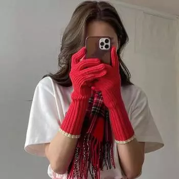 Зимние теплые вязаные перчатки, зимние перчатки с длинными пальцами, женские толстые шерстяные лыжные перчатки с сенсорным экраном, варежки красный