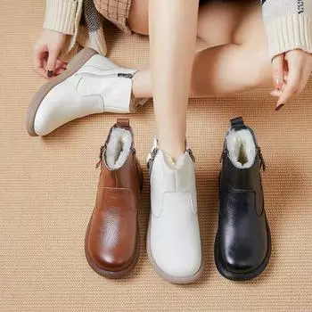 Зимние теплые женские ботильоны без застежек, на платформе с подкладкой из искусственного меха, с круглым носком, с молнией, женские зимние ботинки с подкладкой из плюша и флиса 35