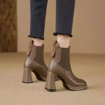 Зимние теплые женские ботильоны на толстом высоком каблуке с круглой головкой и молнией, женские туфли на высоком каблуке, элегантные кожаные женские ботинки на высоком каблуке 35