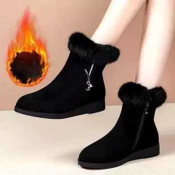 Зимние теплые женские ботинки, толстые плюшевые зимние ботинки, женские удобные уличные ботильоны на молнии на меху, повседневная хлопковая обувь 35 чёрный