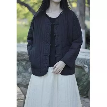 Зимние теплые женские парки в китайском стиле с пуговицами, V-образным вырезом, длинными рукавами, пальто с заплатками, карманами, женские парки в стиле ретро One Size чёрный