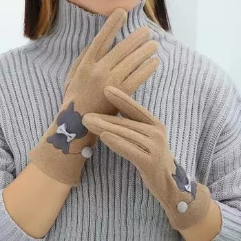 Зимние теплые женские перчатки, толстые бархатные перчатки с сенсорным экраном, женские варежки с длинными пальцами, женские велосипедные перчатки с бантом и кошкой