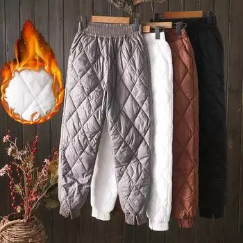Зимние теплые женские пуховые хлопковые брюки свободного размера с высокой талией M белый