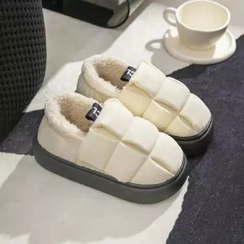 Зимние теплые женские тапочки повседневные нескользящие туфли на платформе домашние водонепроницаемые нескользящие туфли для дома и улицы толстые плюшевые мужские тапочки 36-37