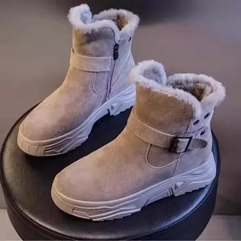 Зимние теплые зимние сапоги, женские корейские плюшевые замшевые полусапоги на молнии, модные нескользящие повседневные хлопковые туфли на платформе с пряжкой на ремешке 35 чёрный