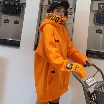 Зимние толстовки с капюшоном, женская уличная одежда, пуловер в корейском стиле, негабаритная толстовка с капюшоном, оранжевая теплая верхняя одежда L оранжевый