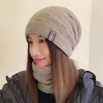 Зимние толстые бархатные наушники вязаный пуловер шапка мужской комплект для шеи для велоспорта теплая шапка для женщин hat + scarf чёрный