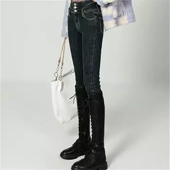 Зимние толстые бархатные женские брюки с высокой талией в стиле Харадзюку, облегающие эластичные женские повседневные джинсовые брюки-карандаш, узкие джинсы, винтажные теплые флисовые брюки 25