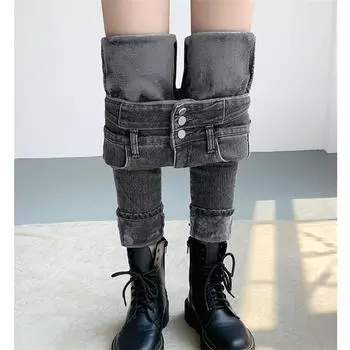 Зимние толстые бархатные женские брюки с высокой талией, простые теплые облегающие эластичные женские повседневные джинсовые брюки-карандаш, флисовые винтажные узкие джинсы 25