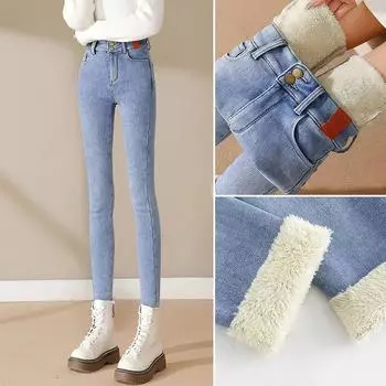 Зимние толстые бархатные женские джинсы, узкие теплые брюки с высокой талией, узкие джинсы, женские брюки, флисовые теплые облегающие эластичные женские джинсовые брюки-карандаш L светло-синий