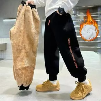 Зимние толстые брюки для мальчиков, брюки для подростков, детские спортивные брюки, теплая одежда для больших детей 170cm чёрный