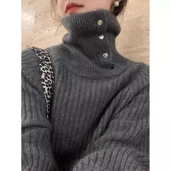 Зимние толстые длинные рукава базовые пуловеры женские свитера модные шикарные пуговицы водолазка вязаный свитер женские топы однотонные элегантные винтажные джемперы 25437 One Size серый