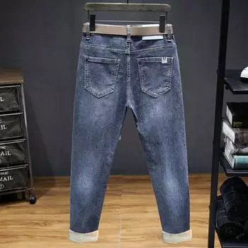 Зимние толстые джинсы с флисовой подкладкой для мужчин 2024 года. Новые модные брендовые высококачественные эластичные узкие брюки. Теплые повседневные брюки. 28 синий
