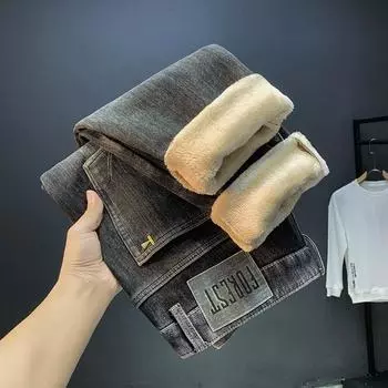 Зимние толстые джинсы с флисовой подкладкой, мужские модные прямые брюки с микро-мешковатыми карманами, универсальные толстые повседневные брюки с резинкой на щиколотке 28 чёрный