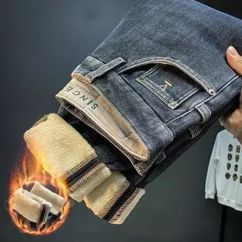 Зимние толстые джинсы с флисовой подкладкой, мужские модные прямые брюки с микро-мешковатыми карманами, универсальные толстые повседневные брюки с резинкой на щиколотке 28 синий