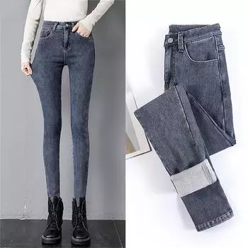 Зимние толстые флисовые бархатные женские узкие джинсы с высокой талией, винтажные повседневные джинсовые брюки-карандаш, теплые флисовые облегающие эластичные женские брюки 25