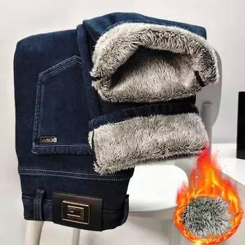 Зимние толстые и теплые высококачественные мужские джинсы из меха снежной лисы, свободные и с высокой талией, с эластичной вставкой, повседневные деловые прямые брюки 29 синий