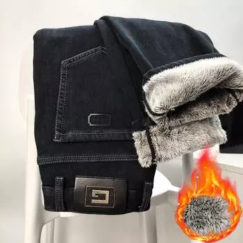 Зимние толстые и теплые высококачественные мужские джинсы из меха снежной лисы, свободные и с высокой талией, с эластичной вставкой, повседневные деловые прямые брюки 29 синий