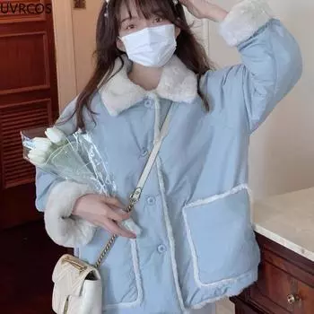 Зимние толстые короткие свободные парки женские модные милые плюшевые воротники теплые двухсторонние носимые хлопковые стеганые пальто куртки Harajuku S небесно-голубой