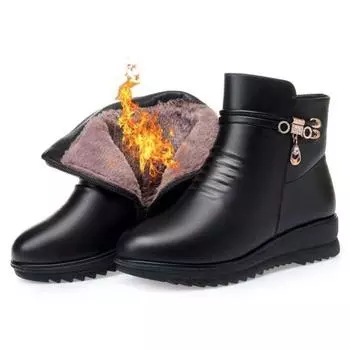 Зимние толстые меховые внутри кожаные женские зимние ботинки большие женские теплые плюшевые туфли 35 чёрный
