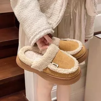 Зимние толстые плюшевые домашние тапочки для женщин с закрытым носком, теплые хлопковые тапочки с подкладкой, женская искусственная замша, нескользящая обувь Inddor для женщин 35 жёлтый