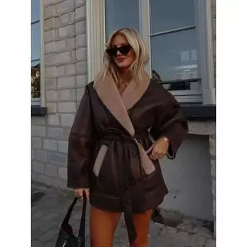 Зимние толстые плюшевые кожаные куртки женские офисные однобортные с отложным воротником пальто свободного покроя женские с длинным рукавом пальто топы S