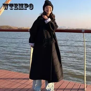 Зимние толстые теплые длинные шерстяные пальто женские повседневные свободные двубортные уличные одежды женские корейские черные верхняя одежда XXL