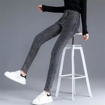 Зимние толстые теплые джинсы для женщин, джинсы для мам, синие, серые, черные женские эластичные джинсы, женские джинсовые узкие брюки-карандаш 25 серый