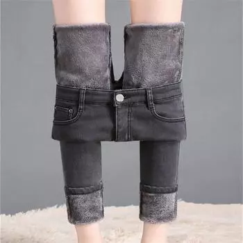 Зимние толстые теплые повседневные джинсовые брюки-карандаш в стиле ретро для женщин, женские узкие джинсы с высокой талией, флисовые теплые облегающие эластичные женские брюки 25 чёрный