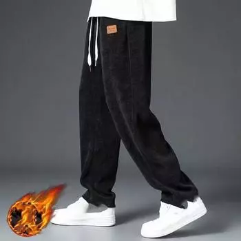 Зимние толстые теплые вельветовые спортивные штаны мужские флисовые на шнурке прямые свободные спортивные штаны мужские повседневные флисовые термоштаны XXL