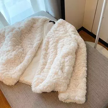 Зимние толстые женские меховые куртки из искусственного меха ягненка с широкой талией и открытой строчкой, с v-образным вырезом, женское пальто из искусственного меха