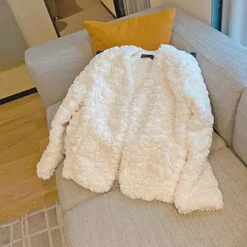 Зимние толстые женские меховые куртки из искусственного меха ягненка с широкой талией и открытой строчкой, с v-образным вырезом, женское пальто из искусственного меха M бежевый