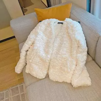 Зимние толстые женские меховые куртки из искусственного меха ягненка с широкой талией и открытой строчкой, с v-образным вырезом, женское пальто из искусственного меха M бежевый
