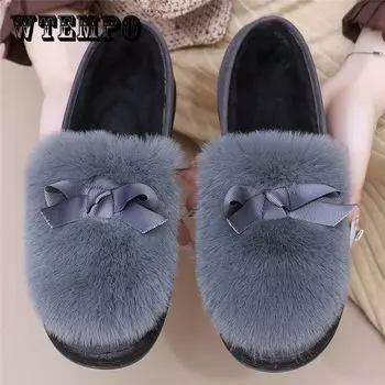 Зимние туфли Bean, женские бархатные туфли Butterfly Knot, мохнатые туфли, хлопковые туфли-ковши, теплые туфли, хлопковые туфли с кроличьей шерстью, туфли-лодочки на плоской подошве 35