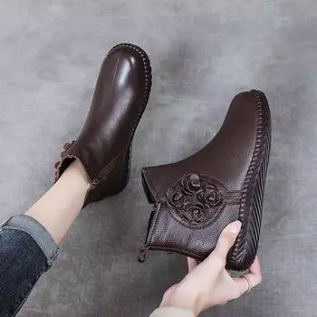 Зимние туфли из натуральной кожи и хлопка в китайском стиле, женские туфли для мам, теплые короткие сапоги для людей среднего и пожилого возраста с плюшевыми кожаными сапогами из хлопка 40 чёрный