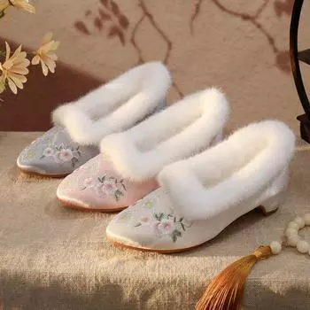 Зимние туфли-лодочки для женщин, нескользящие, с круглым носком, на толстом блочном каблуке, с подкладкой из искусственного меха, женские теплые вышитые туфли-лоферы на низком каблуке 34