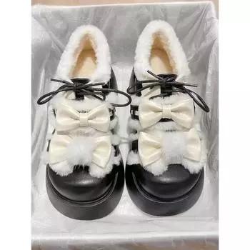 Зимние туфли Лолита женские пушистые туфли плюс плюшевые студенческие милые японские мягкие женские мягкие милые кожаные туфли LOLita 35 чёрный