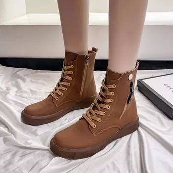 Зимние туфли на низком каблуке 2024 года для женщин, женские ботильоны с боковой молнией, на плоской подошве, с женской обувью, спортивные повседневные женские ботинки 36 коричневый