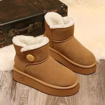 Зимние туфли на плоской подошве с мехом, женские ботильоны, замшевые, на платформе, плюшевые, теплые, зимние, хлопковые туфли, брендовые туфли на среднем каблуке 2025 года, модные, удобные, женские ботинки 35 чёрный