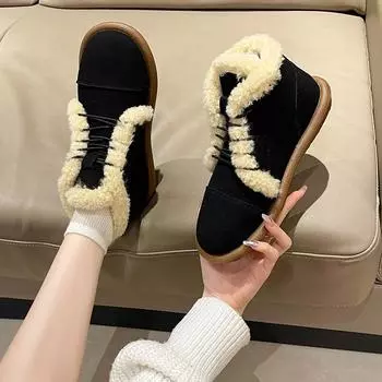 Зимние туфли на плоской подошве женские замшевые с круглым носком теплые зимние короткие плюшевые туфли с перекрестной шнуровкой 2024 женские туфли на плоской подошве ручной работы Botas De Mujer 35 малиновый