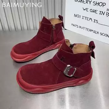 Зимние туфли на плоской подошве женские зимние ботильоны замшевые на платформе дизайнерские повседневные туфли пряжка новые ботинки 2024 трендовые удобные ботинки для ходьбы женские 35 красный