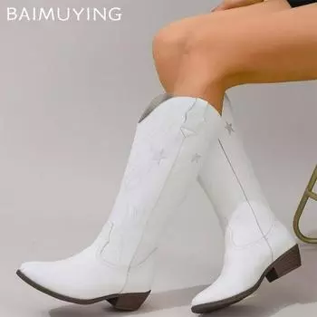 Зимние туфли на среднем каблуке, женские высокие сапоги с острым носком, модная обувь, вышитые массивные ботинки челси, трендовые гладиаторские ботинки Botas De Mujer 36