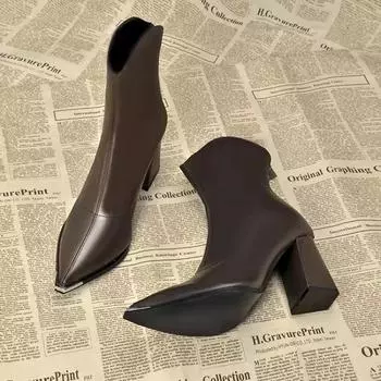 Зимние туфли на высоком каблуке 2025 года, сексуальные женские роскошные туфли, массивные ботинки челси, модные новые туфли с острым носком на молнии в готическом стиле, брендовая обувь 35 чёрный