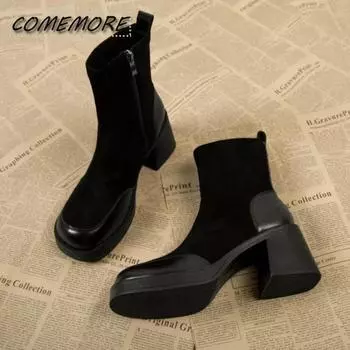 Зимние туфли на высоком каблуке 2025 года, сексуальные женские роскошные туфли, массивные ботинки челси, модные тенденции, туфли-лодочки в готическом стиле на молнии, повседневная обувь класса люкс 35 чёрный