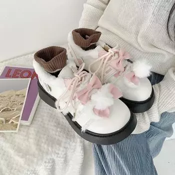 Зимние туфли в стиле Лолиты, женские туфли на меху с толстой флисовой подкладкой, милые японские мягкие туфли для девочек из мягкой кожи LOLita 35 чёрный