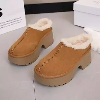 Зимние уличные современные тапочки из коровьей замши на высоком каблуке 2024 года, высококачественная женская обувь на квадратном каблуке, однотонные женские тапочки с неглубокой подошвой 35 верблюд